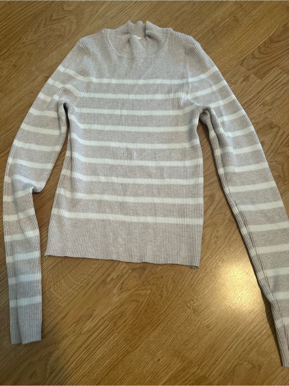 Striped Rib-Knit Crewneck Sweater in Beige and White